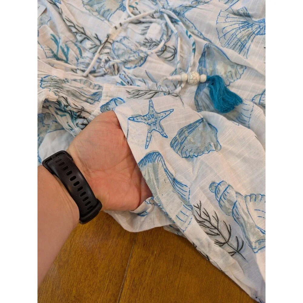 NWT Blue Island Beach Maxi Cover Up Dress Small Seashell Starfish Cotton Coastal
